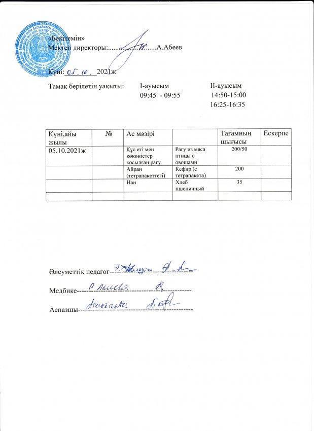 Ахмет Байтұрсынов атындағы №13 орта мектеп асханасындағы бір күндік а мәзірі