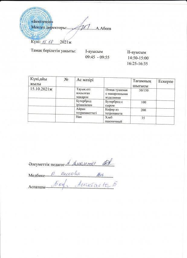 А.Байтұрсынов атындағы №13 ОМ асханасының бір күндік ас мәзірі