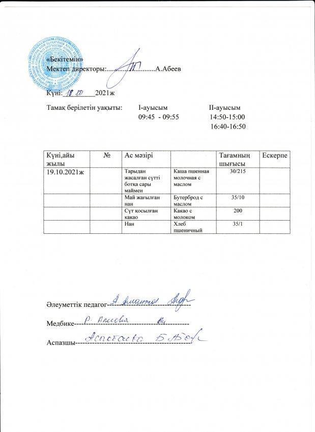А.Байтұрсынов атындағы №13 ОМ асханасының бір күндік ас мәзірі