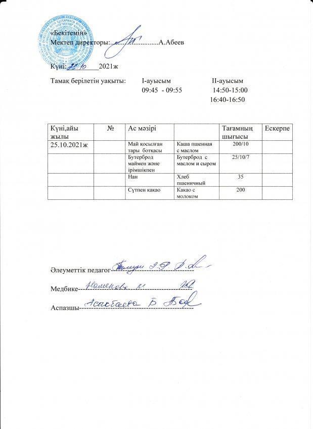 А.Байтұрсынов атындағы №13 ОМ асханасының бір күндік ас мәзірі