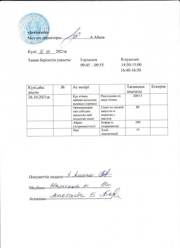 А.Байтұрсынов атындағы №13ОМ бір күндік ас мәзірі