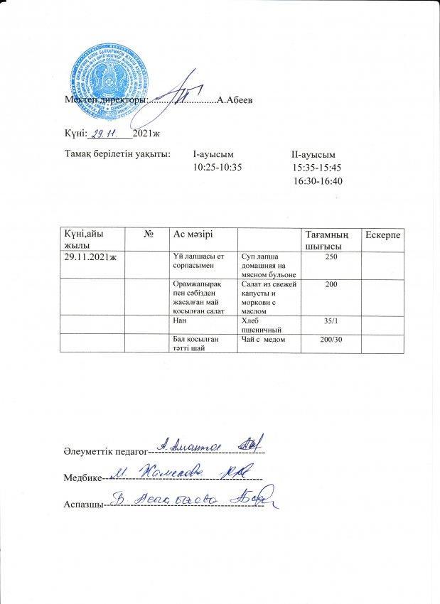 А.Байтұрсынов атындағы №13 орта мектеп асханасының бір күндік ас мәзірі