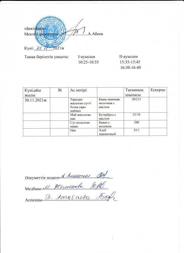 А.Байтұрсынов атындағы №13 ОМ асханасының бір күндік ас мәзірі