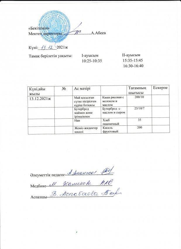 А.Байтұрсынов атындағы №13 ОМ асханасының бір күндік ас мәзірі
