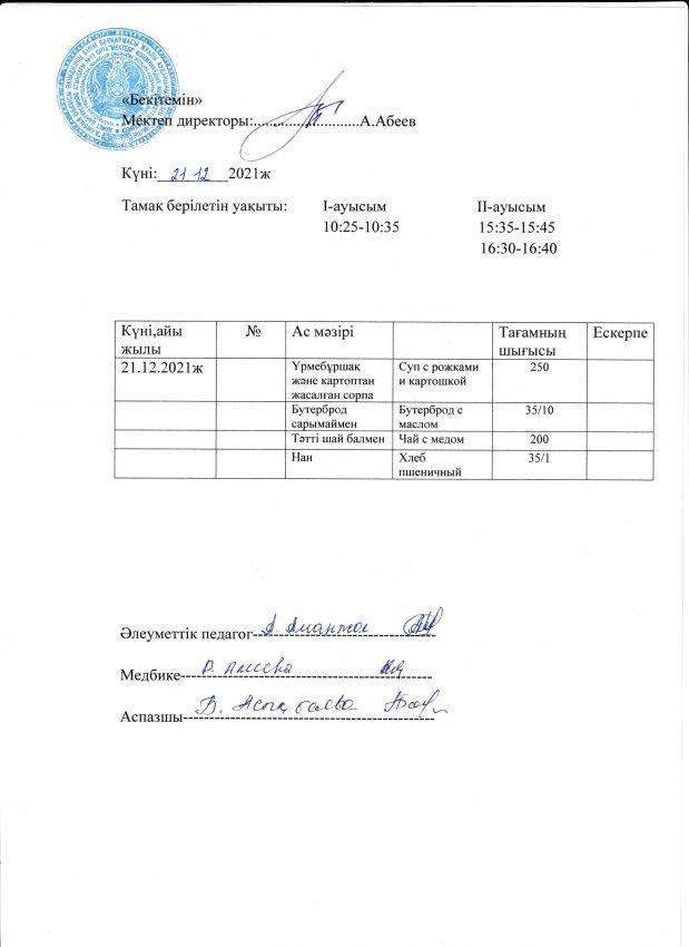 А.Байтұрсынов атындағы №13 Ом асханасының бір күндік ас мәзірі