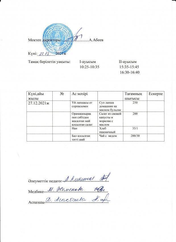 А.Байтұрсынов атындағы №13 ОМ аханасының бір күндік ас мәзірі
