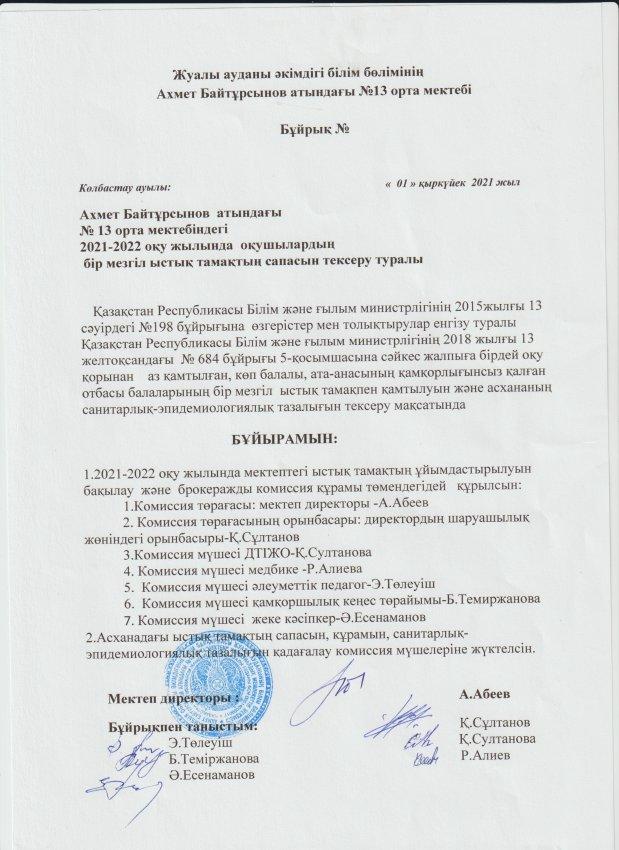 А.Байтұрсынов атындағы №13 ОМ асханасының бір мезгіл тамақтың сапасын тексеру брокераж комиссиясының жоспары